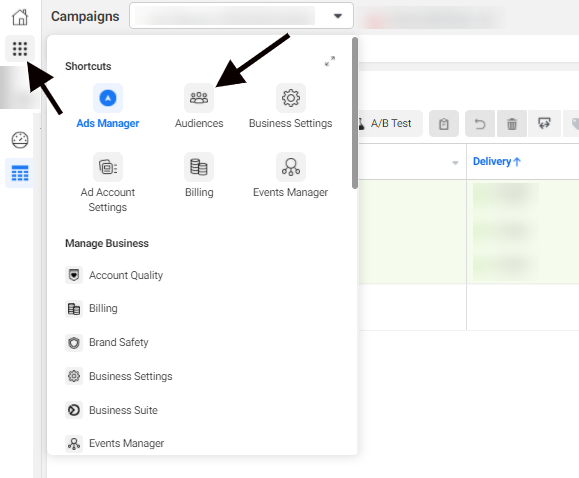 Navigating to the "Audiences" section in Facebook Ads Manager