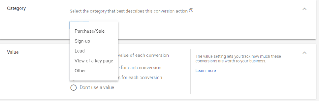 conversion tracking category options