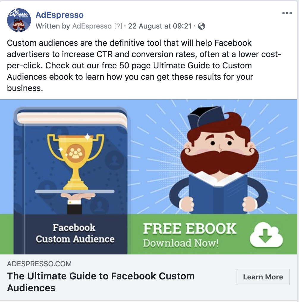 Best CTA for Facebook Ads AdEspresso experiment - Learn More CTA example