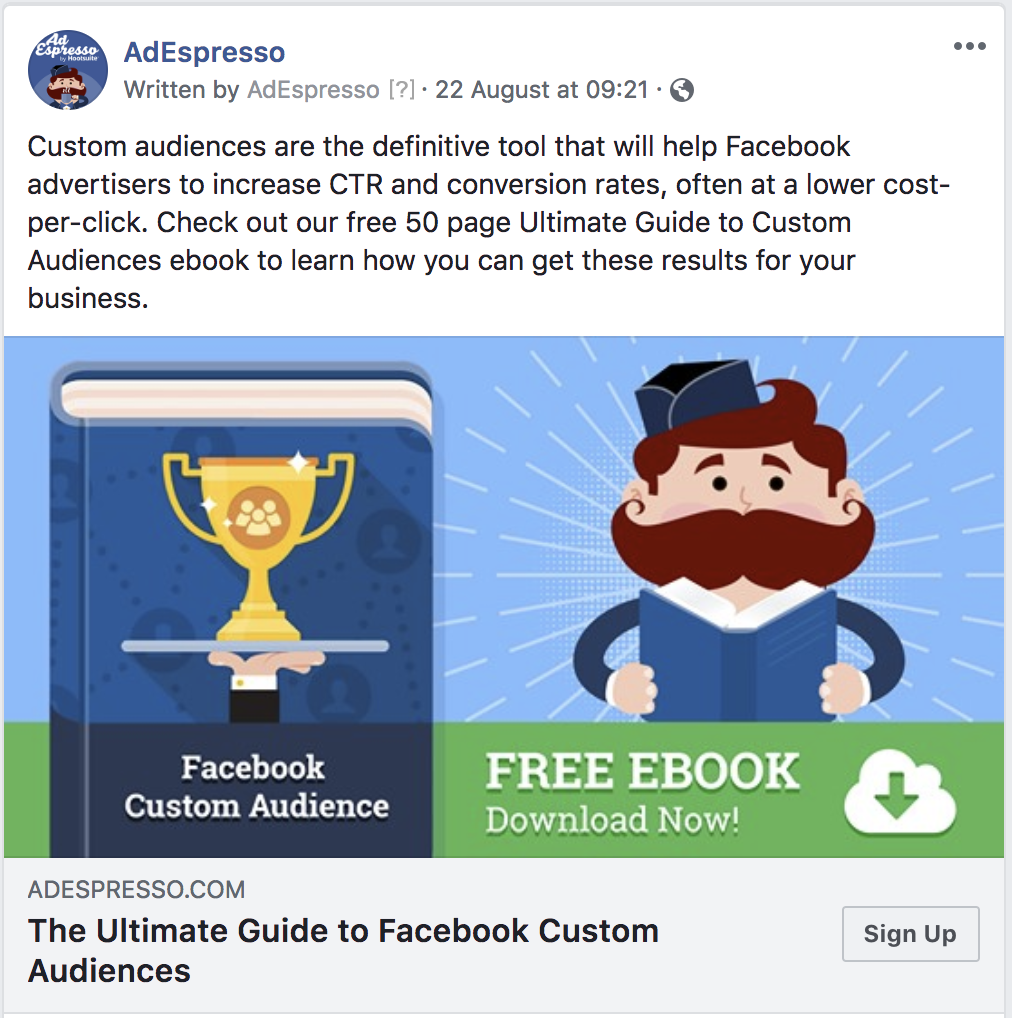 Facebook Best CTA experiment ad Sign UP example