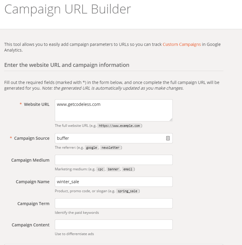 Google UTM builder options