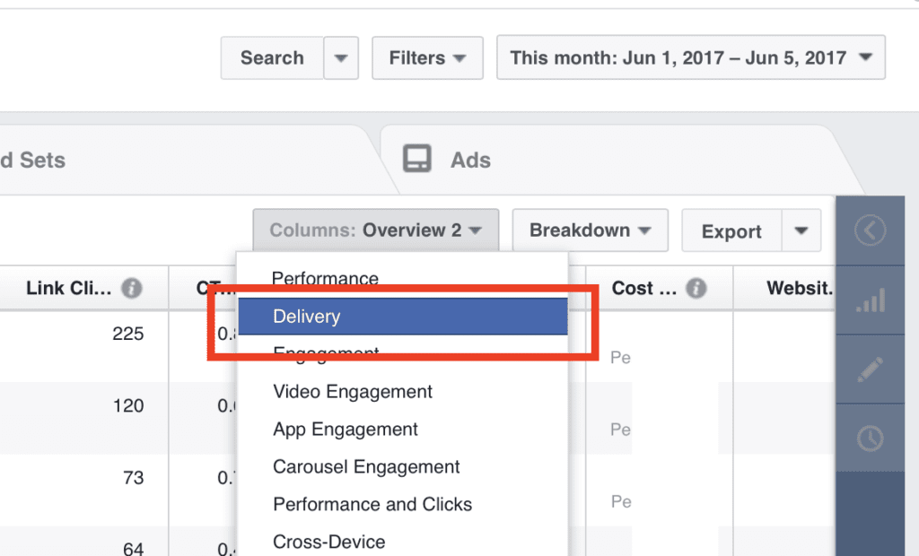 Screenshot of the facebook ads manager dashboard