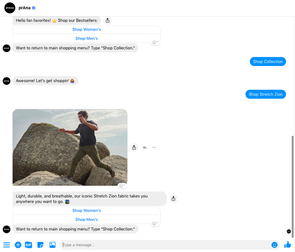 prAna Messenger chatbot example 2