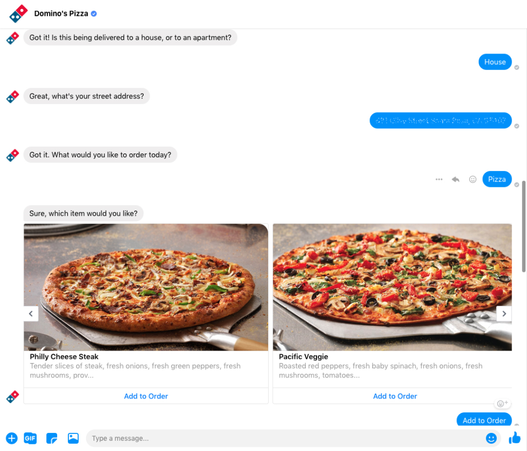 Dominos Messenger chatbot eg 2