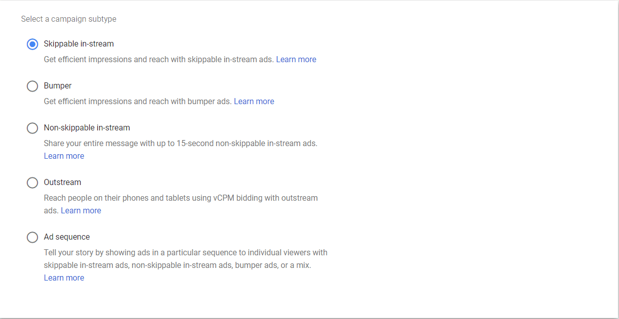 Google Ads video campaign subtype