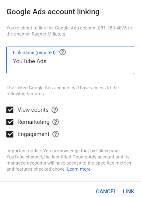 Google Ads YouTube link prompt