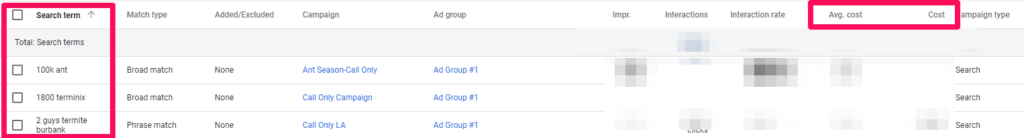 search terms report in adwords screenshot