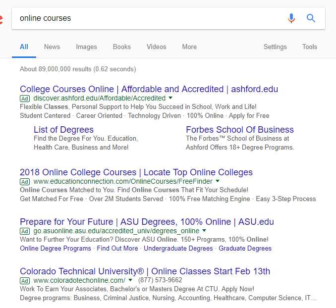 Screenshot of the number of results on Google for "Online Courses"