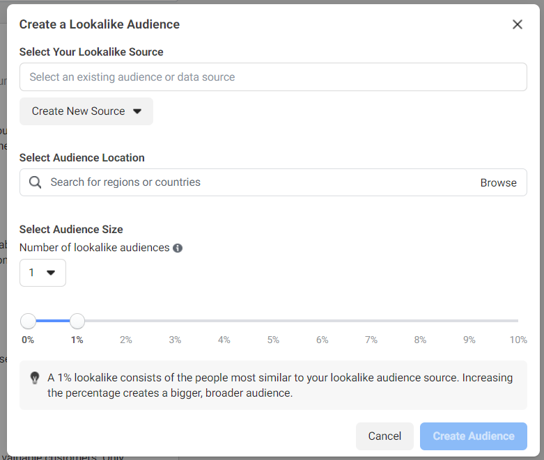 Lookalike audience creator in Facebook Ads Manager