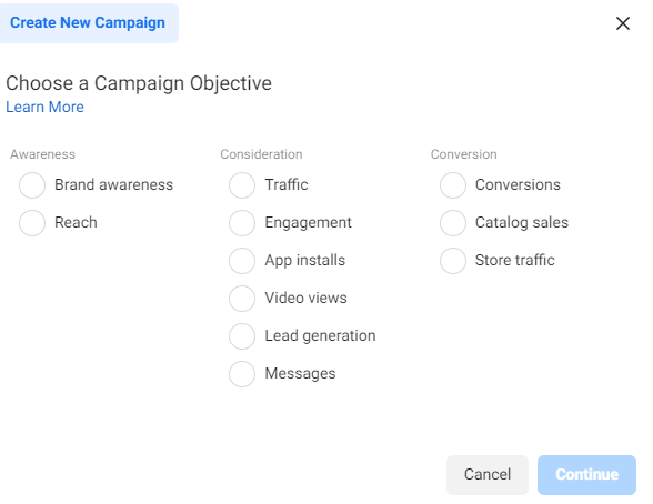 Choosing a campaign objective in Facebook Ads Manager