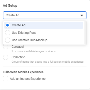 Ad setup in Facebook Ads Manager