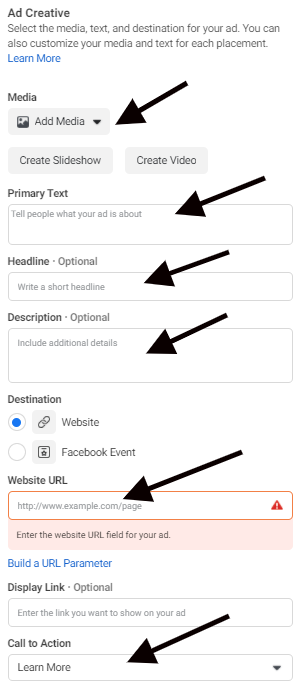 Uploading media and adding copy in the "Ad Creative" section in Facebook Ads Manager