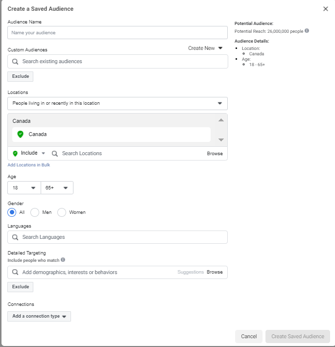 Filling in demographic and location information to create a Saved Audience in Facebook Ads Manager