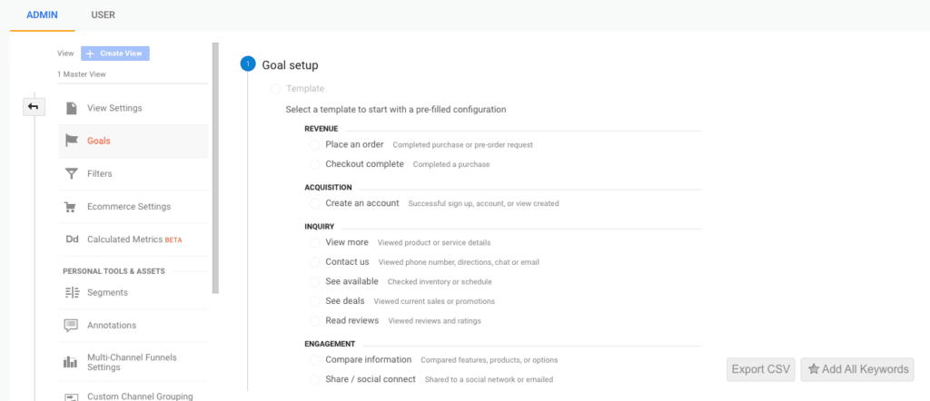 Google Analytics goal setup page