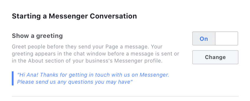 Facebook Messenger Greeting setup screenshot