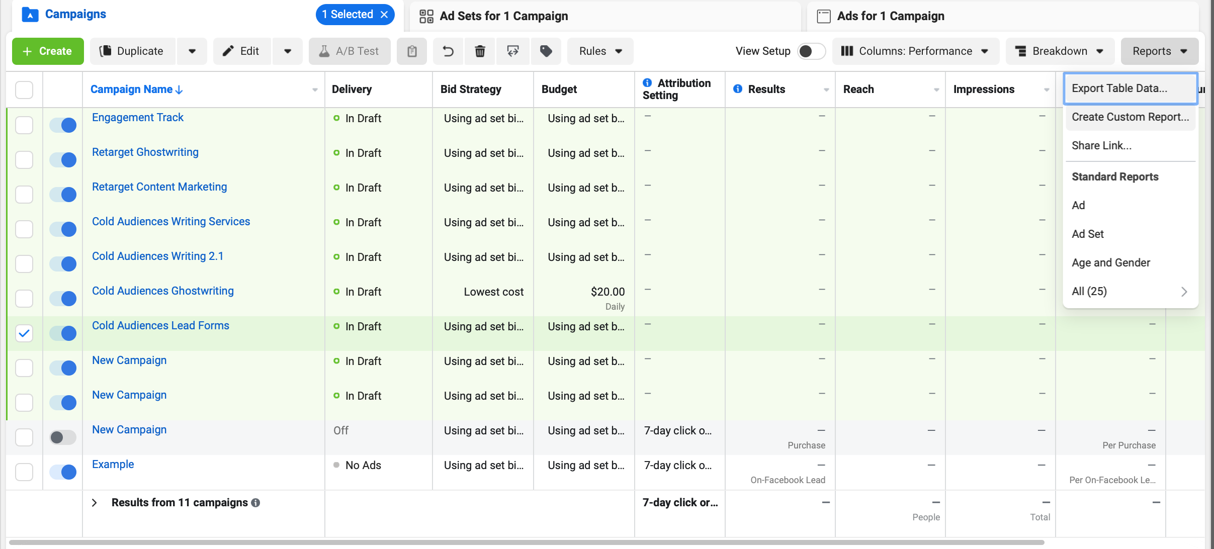 Facebook Ads manager with metrics 