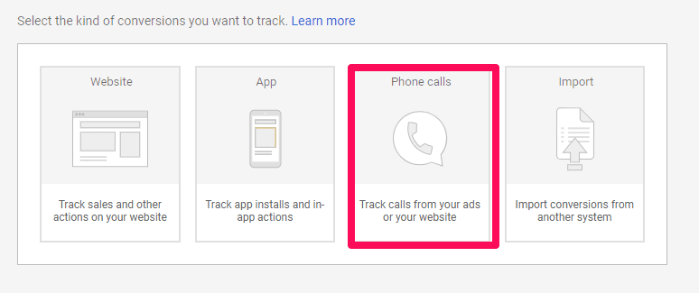 selecting phone call conversion tracking