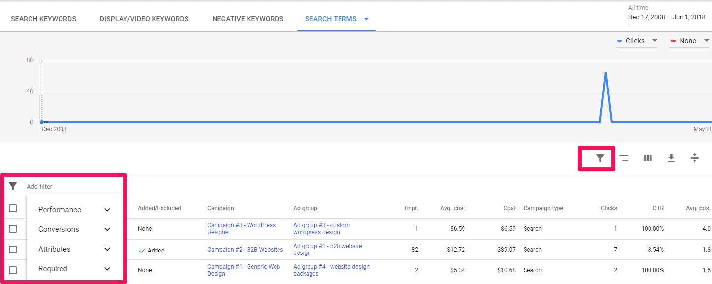 using filter report on adwords