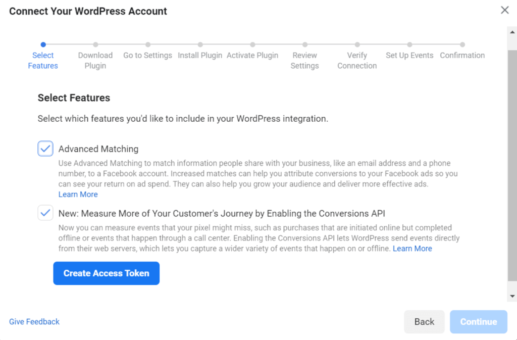 Connecting Facebook Conversions API with WordPress Account - setup screen in Facebook Business Manager