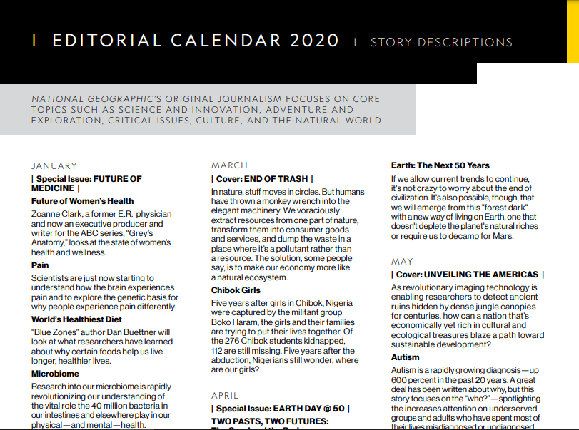 National Geographic's editorial calendar