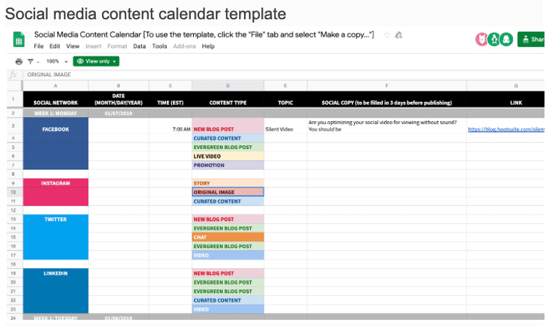 Social media content calendar template